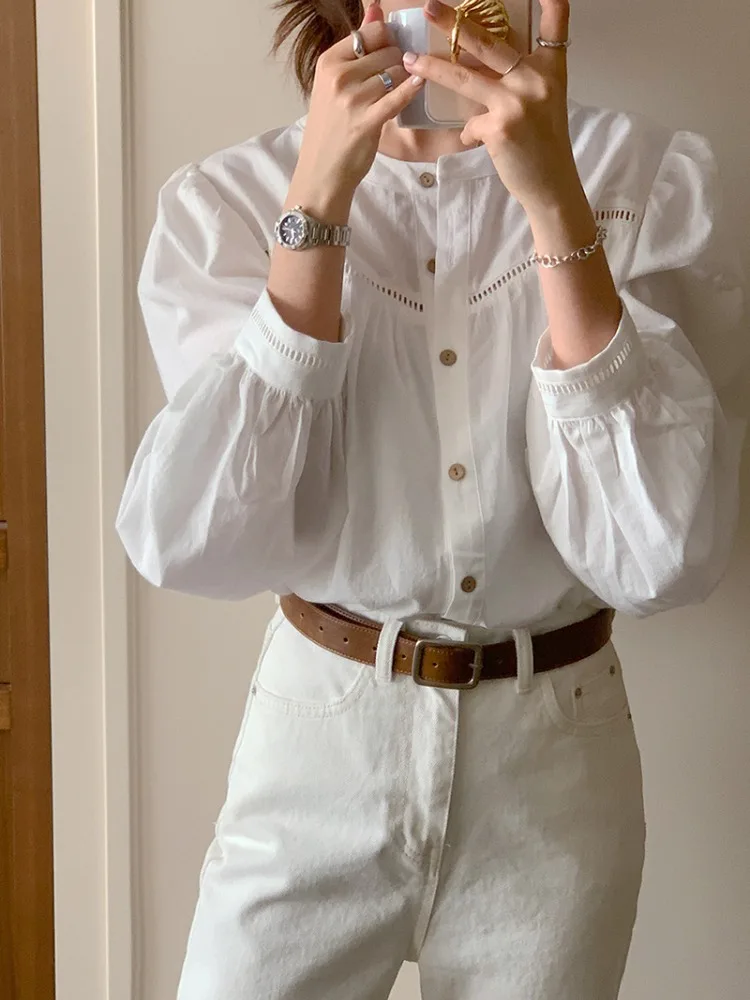 Blusa coreana con cuello redondo para Mujer, Camisas De manga farol, Camisas De verano, blusas blancas ahuecadas Vintage sueltas