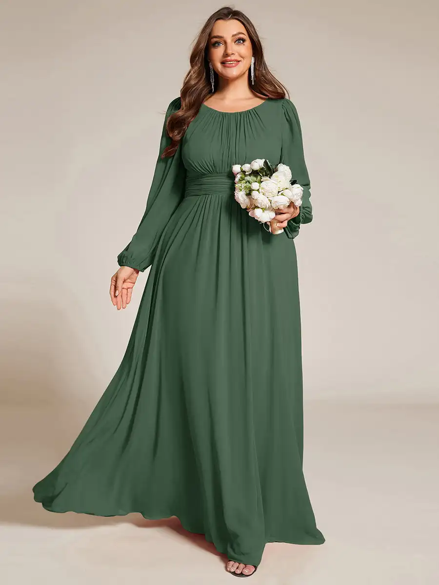 Suknie wieczorowe Plus size długa, pełna rękaw O-Neck szyfonowa suknia do podłogi 2025 Ever Pretty of Simple Prom Women Dress