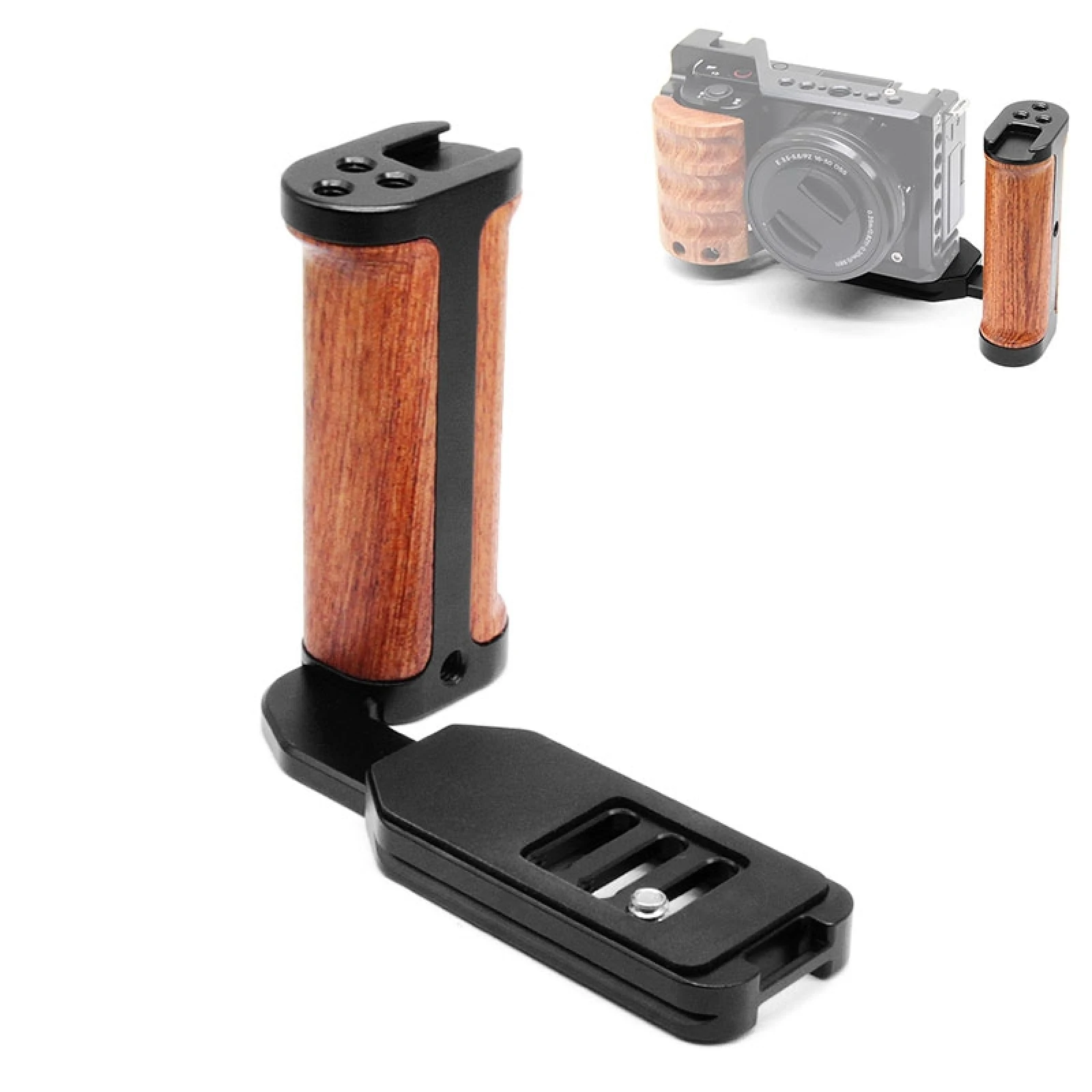 PULUZ Wooden Left Side Handle Vertical Shoot Camera Quick Release L Plate With Three 1/4 Screw Slots for SLR/ Micro-SLR Cameras