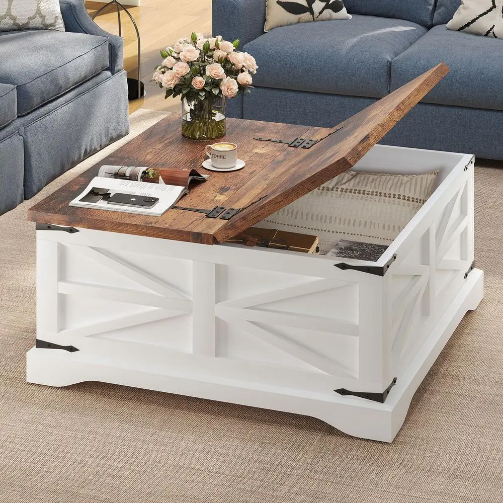 

Farmhouse Coffee Table with Storage Organizer, Square Coffee Tables with Large Storage Space, Center Table for Living Room, Bedr