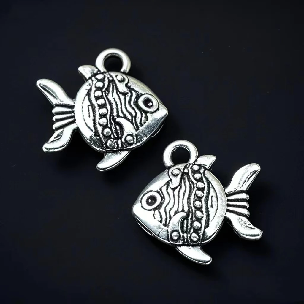 10Pcs/Lot Charms Double Sided Fish Goldfish 15x15mm Antique Pendant Fit Vintage Tibetan Silver Color DIY Handmade Jewelry