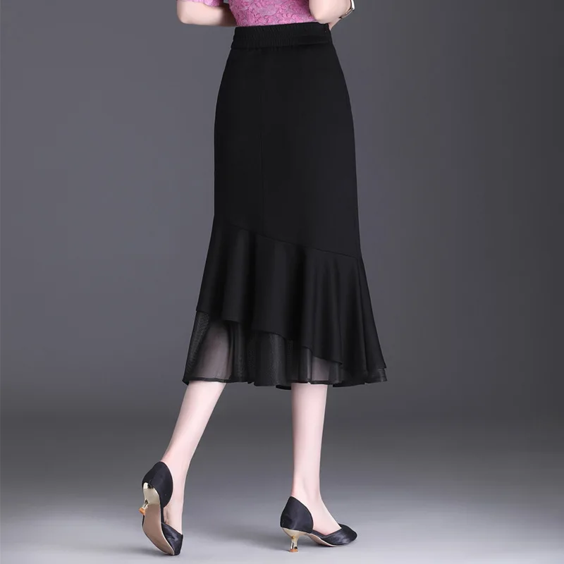 #1620 Black Red Vintage A-line  Pencil Turmpet Skirt Women Buttons Split Joint Ruffles Mermaid Skirt Ladies Slim Chinese Style