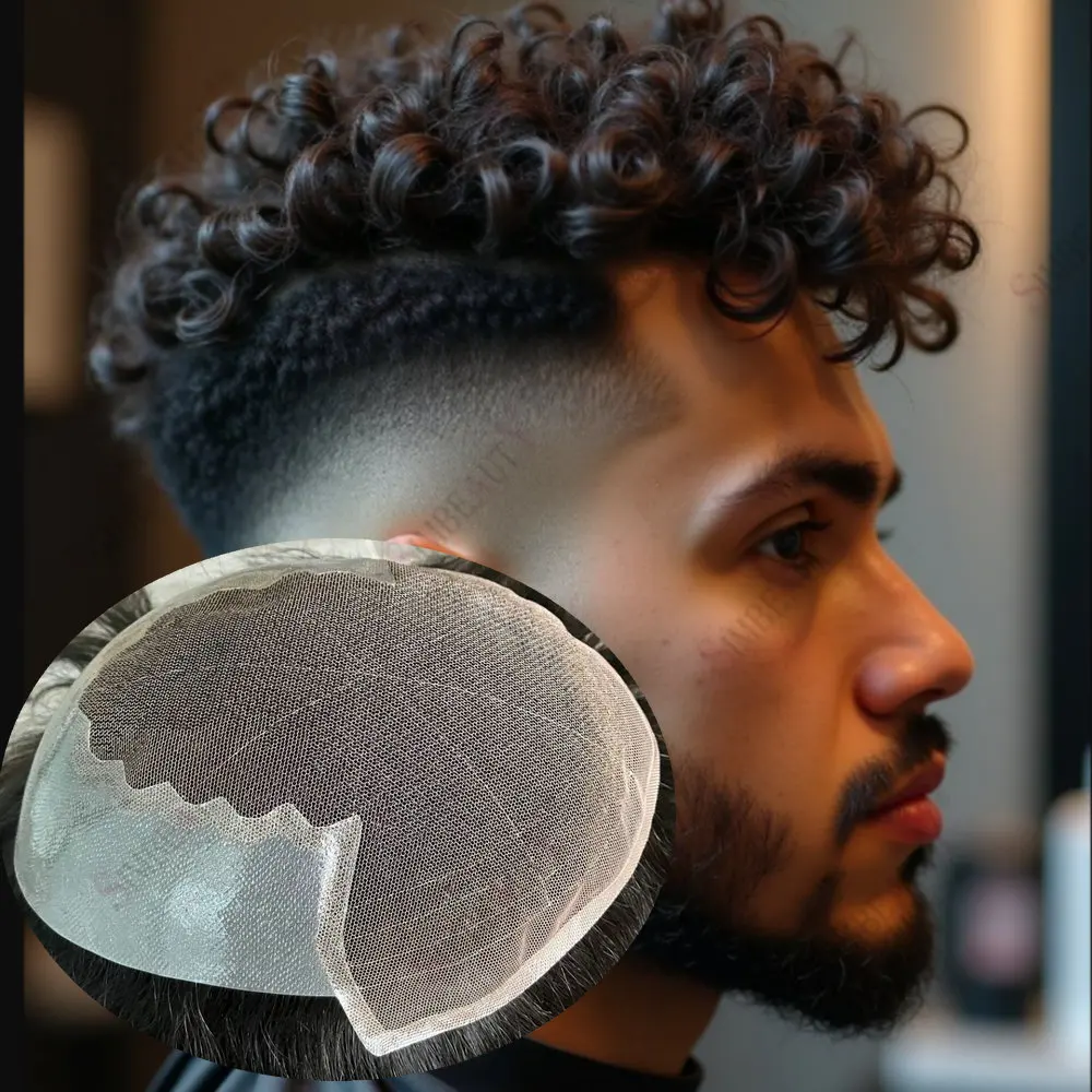 

Natural Hairline Q6 Base 18MM/20MM Curly 100% Human Hair Men's Toupee 1B Natural Hair15mm Curly Units Patch Capillary Prosthesis