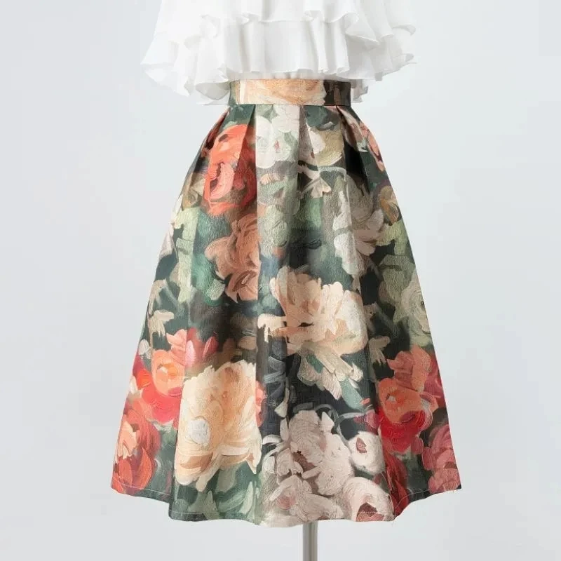 

Floral Vintage Painting Chic High Waist Ball Gown A-line Loose Women's Skirt Knee-Length Long Skirts For Women Clothing Fashion