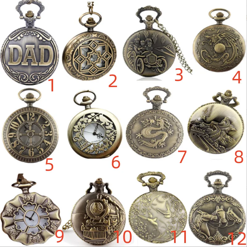 Vintage Luxury 12 Patterned Quartz Pocket Watch for Men Women Kids Fob Chain Bronze Laser Engrave Necklace Carving Pendant Clock