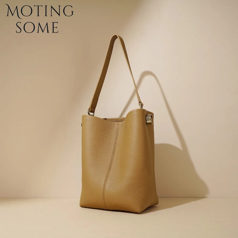 Motingsome Bucket Bag Women Simple First-layer Cowhide Tote Large Capacity Versatile Fashion Commuter Shoulder Handbag 2024 New