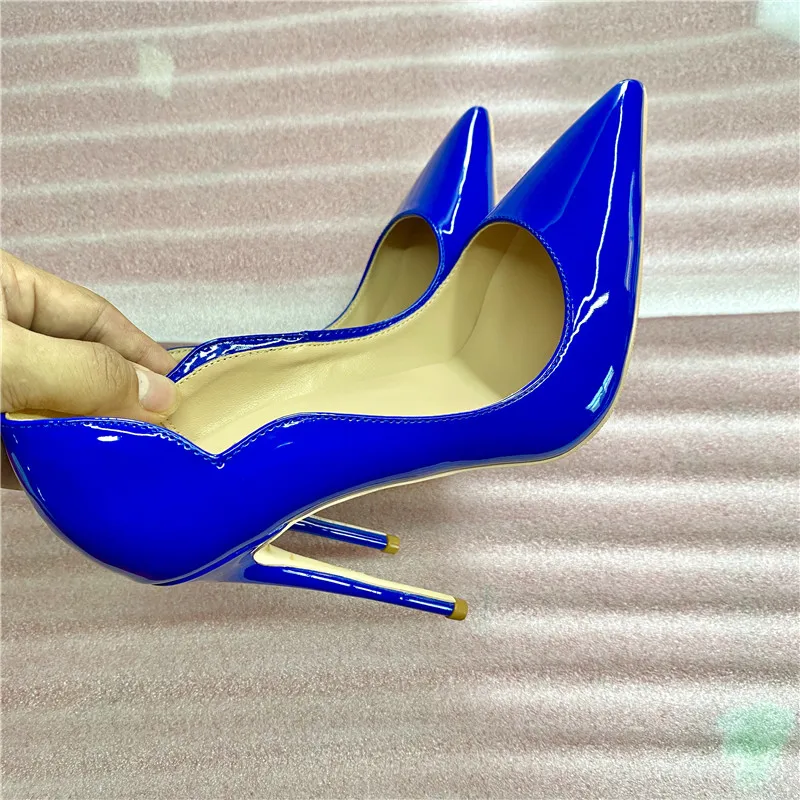 KeShangJjia Blue Women Patent Curl Cut Pointy Toe Stiletto Pumps Chic Ladies Ultra High Heel Shoes Customize 8cm 10cm 12cm