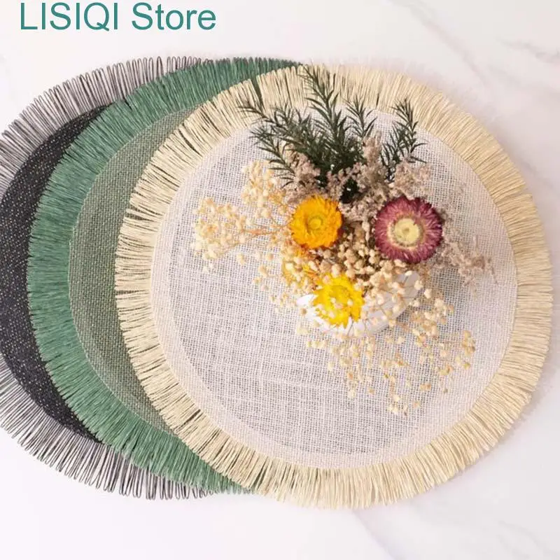 

New Round Placemats Set of 4 Tassels Table Mats Linen Woven Heat Proof & Washable Kitchen for Dinner Wedding Decorations