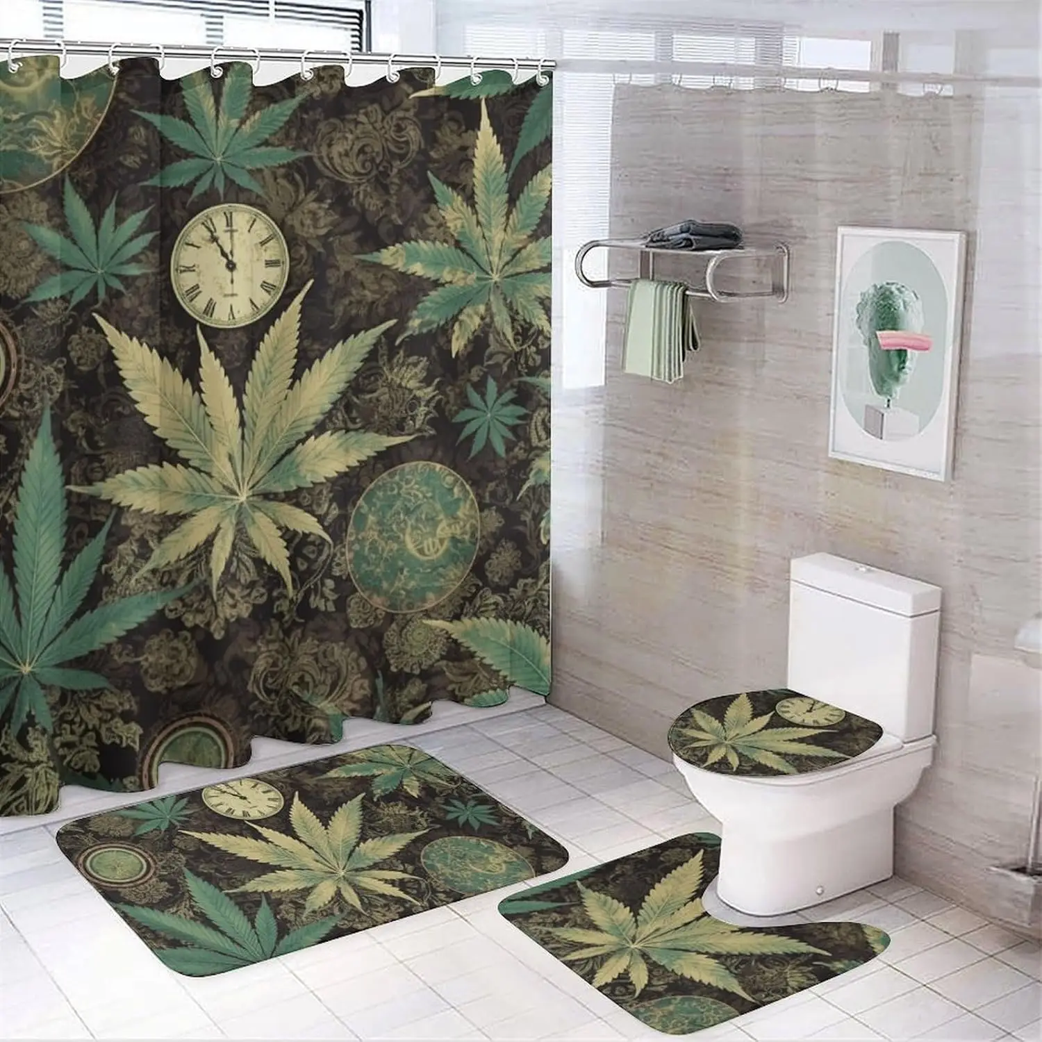 

A Puff in Time Weed Marijuana Shower Curtains Set 4 Piece with Non-Slip Rugs, Toilet Lid Cover and Bath Mat Soft Bathroom Carpet