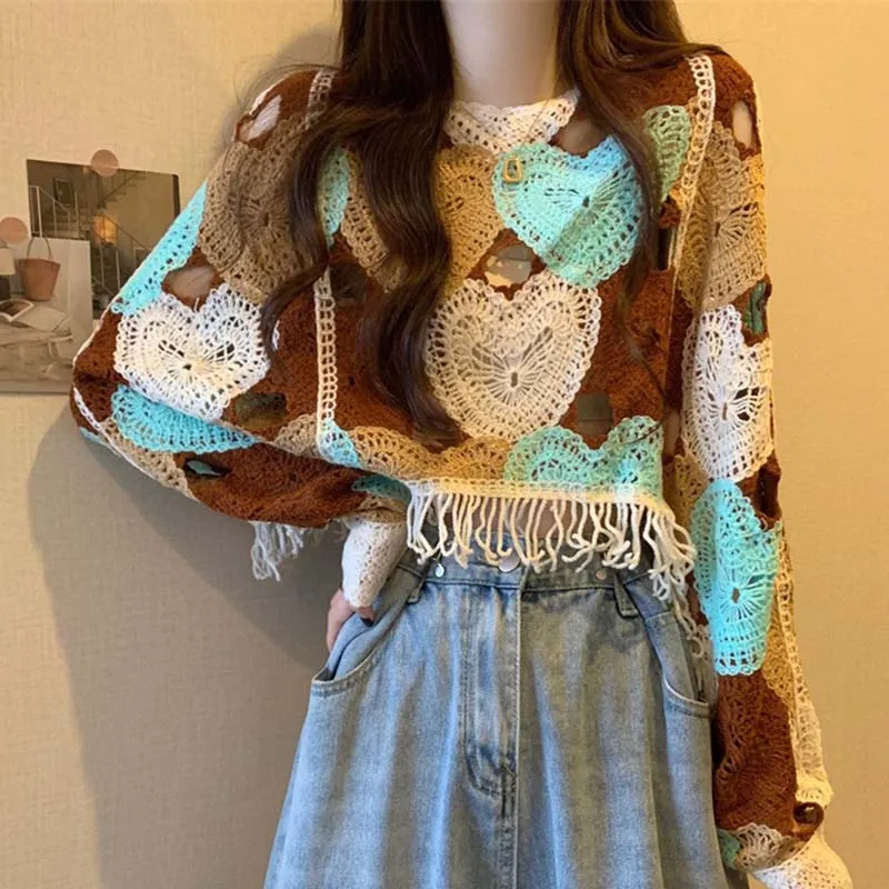 Boring Honey New Design Feels Crocheted Hollow T-Shirt Tassel Loose Sweater Top Fashion O-Neck Bat Sleeve Long Sleeve Top Women 4