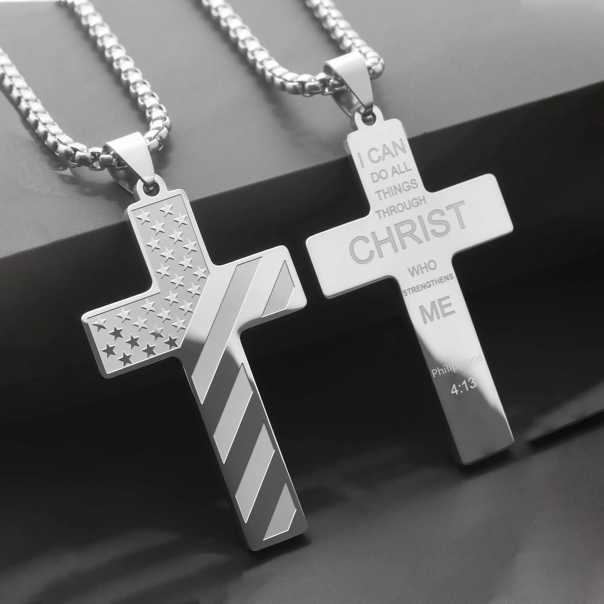 304L Stainless Steel USA Flag Cross Necklace for Men Women Bible Verse Necklace Men Spiritual Jewelry