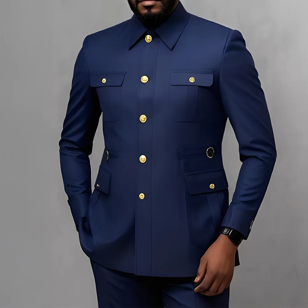 

Navy Blue Men's 2-Piece Suit Stand Collar Blazer Suiting Fabric Safari Suit Formal Partywear XS-5XL