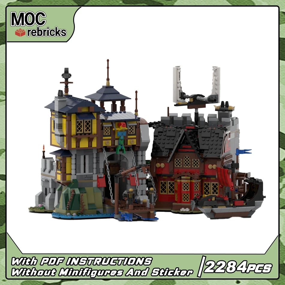 Creative Medieval Castle Port and Pirate Tavern MOC Building Blocks Modular Architecture Assembly DIY Model Brick Collector Sets
