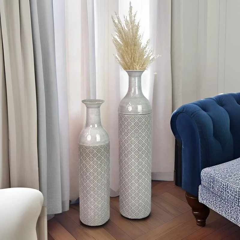 Set of 2 Tall Floor Metal Glazed Vase for Flowers Extra Vintage Grey Oversized Vase