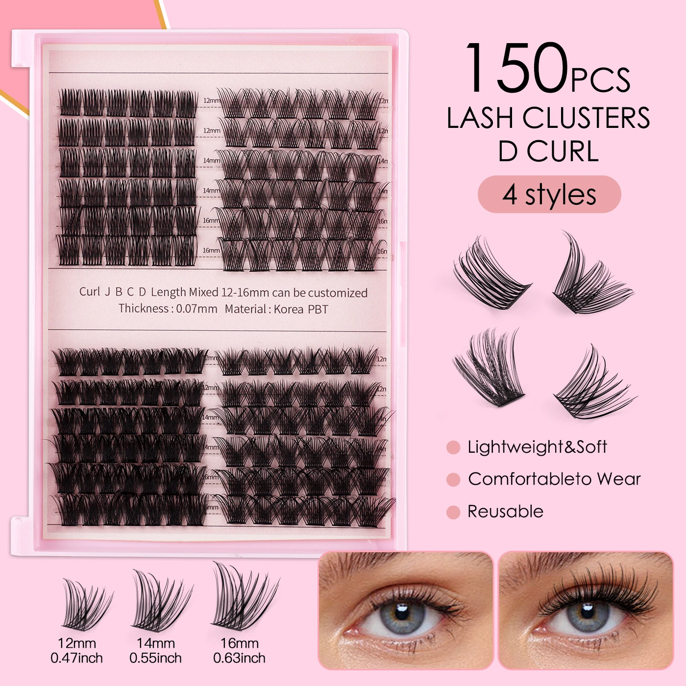 Eyelash extension set with 150 eyelash clusters, natural eyelash bonding and sealing, super shaping eyelash tweezers, eyelash gl