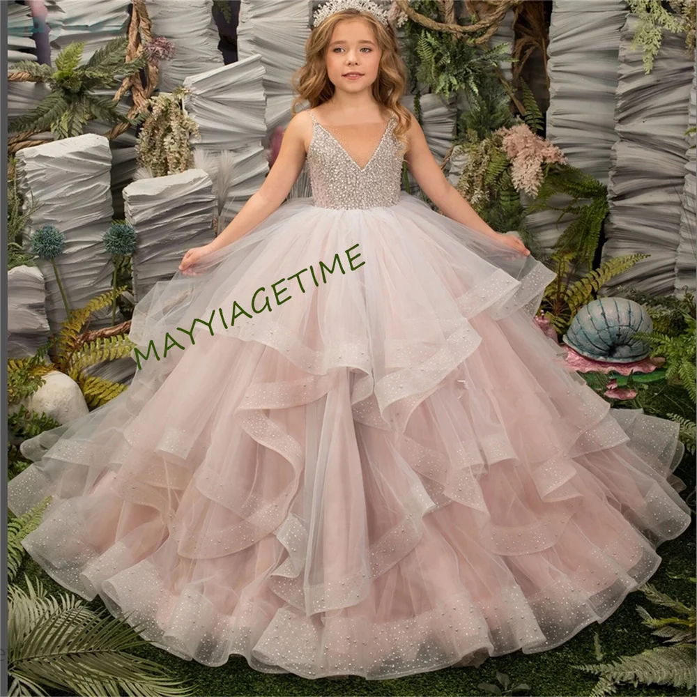 

Flower Girl Dress Fluffy Layered Tulle Applique Sparkle Wedding Elegant Flower Child's First Eucharistic Birthday Party Dress