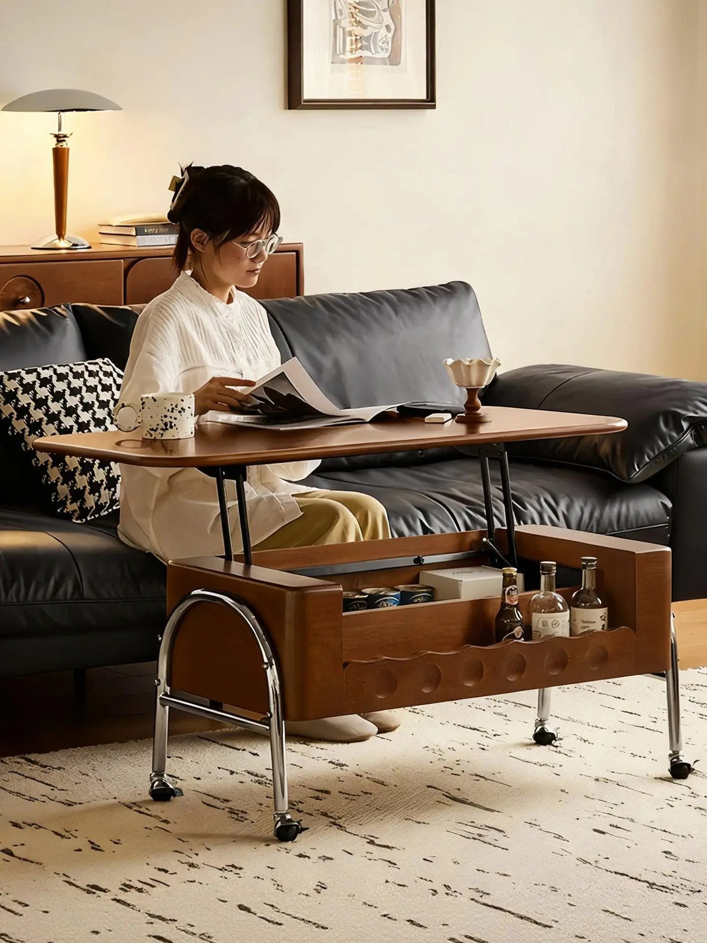 Walnut color movable lifting coffee table French medium retro style living room table sofa side table storage cart