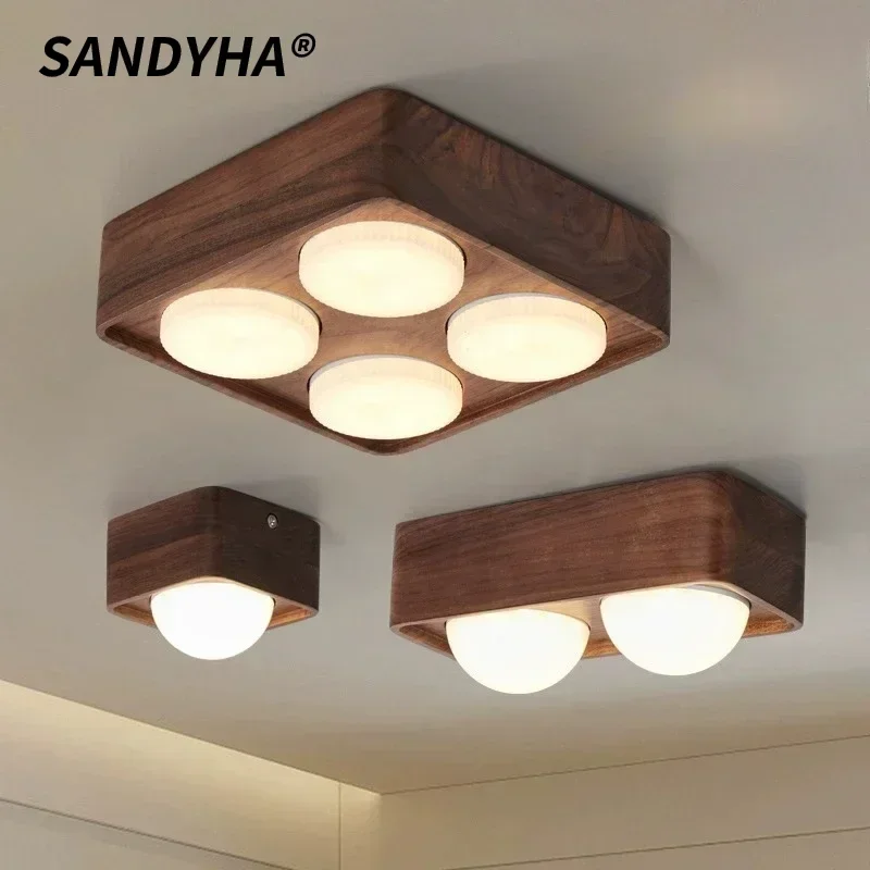 

SANDYHA Japanese Retro Walnut Wood Square Ceiling Light LED Hanging Lamp for Living Room Bedroom Dining Table Hallway Home Decor