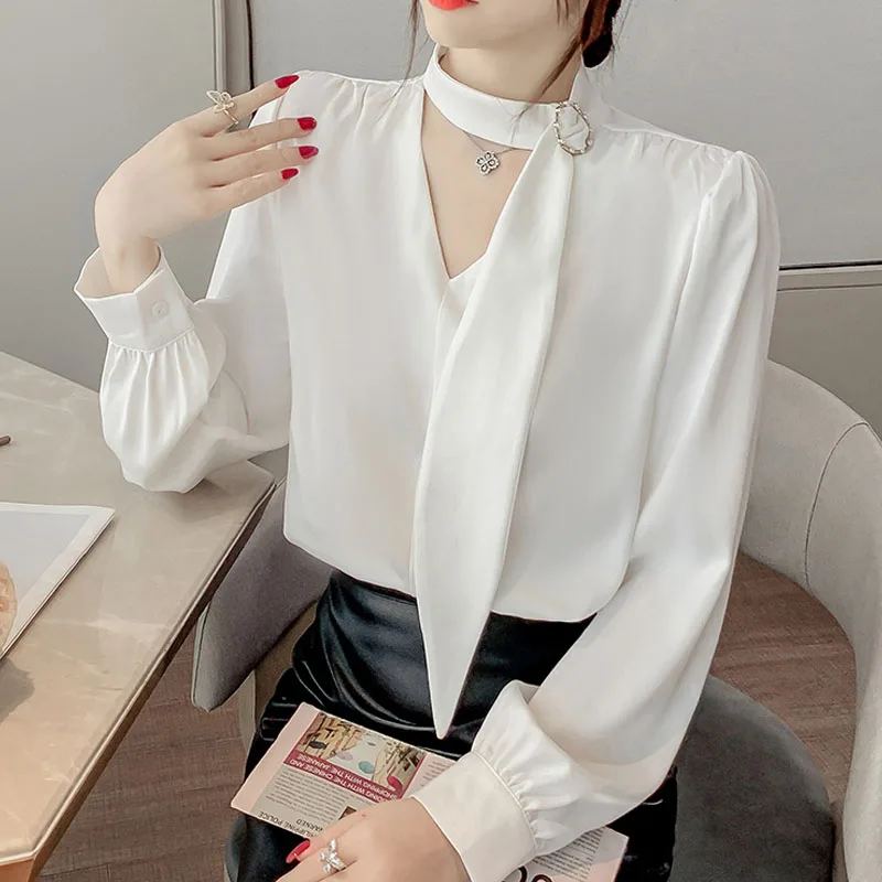 Blusas Mujer De Moda 2022 Verano Elegantes White Long Sleeve Blouses Chiffon Vetement Femme Chiffon V-Neck Wine Red Beading Tops