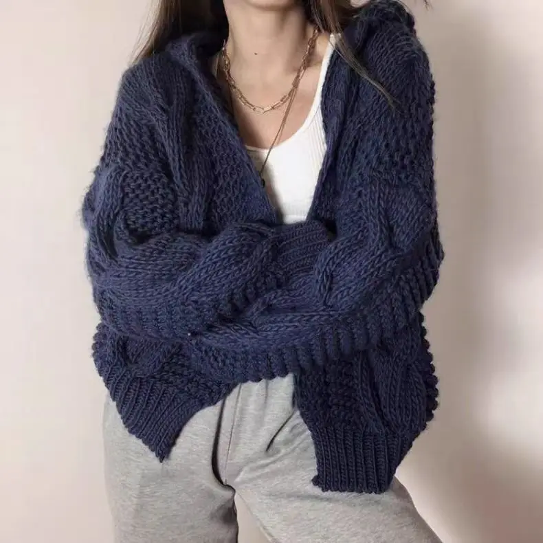 

Autumn and Winter New Versatile Warm Twist Knitted Cardigan Sweater Hooded Jacket Top Women