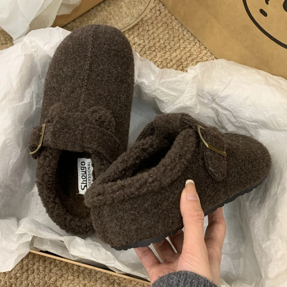 

Grey Thick Bottomed Fleece Lined Inner Heightening Slippers Buckle Shoes Autumn Winter Casual Flat Heels Slip-On