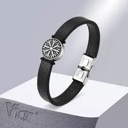 Vnox Norse Viking Compass Charm Bracelets for Men, Black PU Leather Bangle, Protective Amulet Jewelry