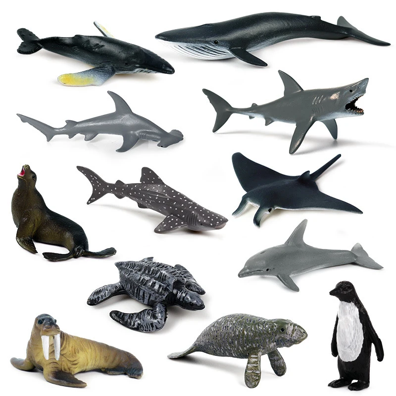 Mini Simulação Animal Marinho, Dente Gigante, Baleia Assassina de Tubarão, Pinguim Azul, Brinquedo Modelo Golfinho, 12pcs