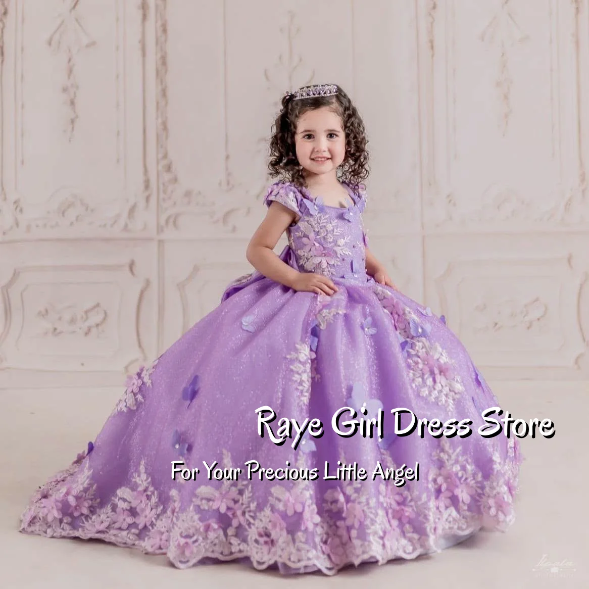 Romantic Lavender Flower Girl Gown Cap Sleeve 3D Butterfly Floral Appliques Glitter Tulle Pageant Dress Wedding Customized