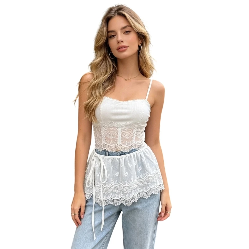 

Tie Waist Tiered Ruffled Flower Lace Faux Top Lower Apron Skirt Embroidery A-Line Mini Skirt Shirt Extender for Women D0UB