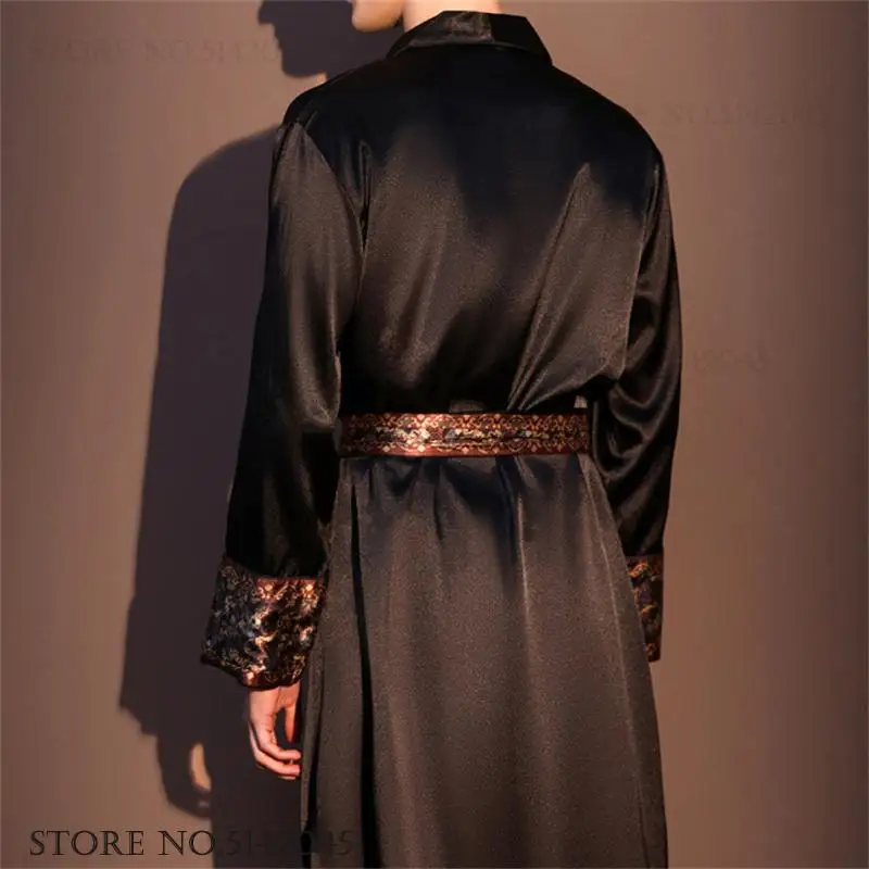 High Quality Men's Robe Pajamas Ice Silk Homewear Spring Summer New Long Sleeve Bathrobe Loungewear Loose Lingerie Sleepwear view 4
