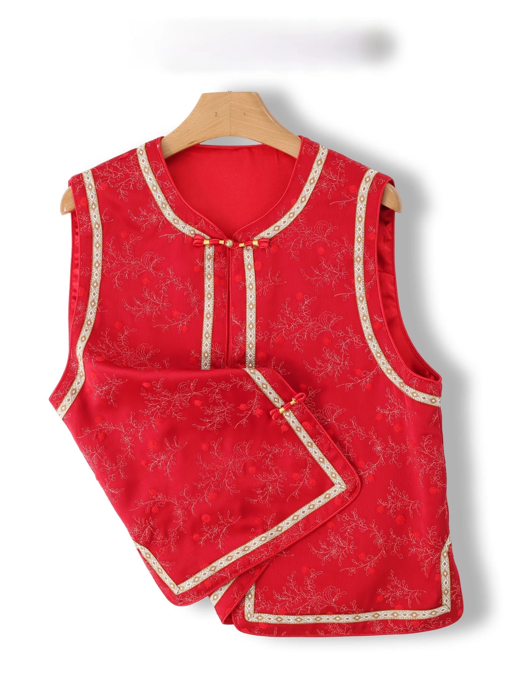 

Red Embroidered Sleeveless Chinese Style Women's Vest Fashionable Turn-down Collar Loose Fit Regular Length round Neck Top