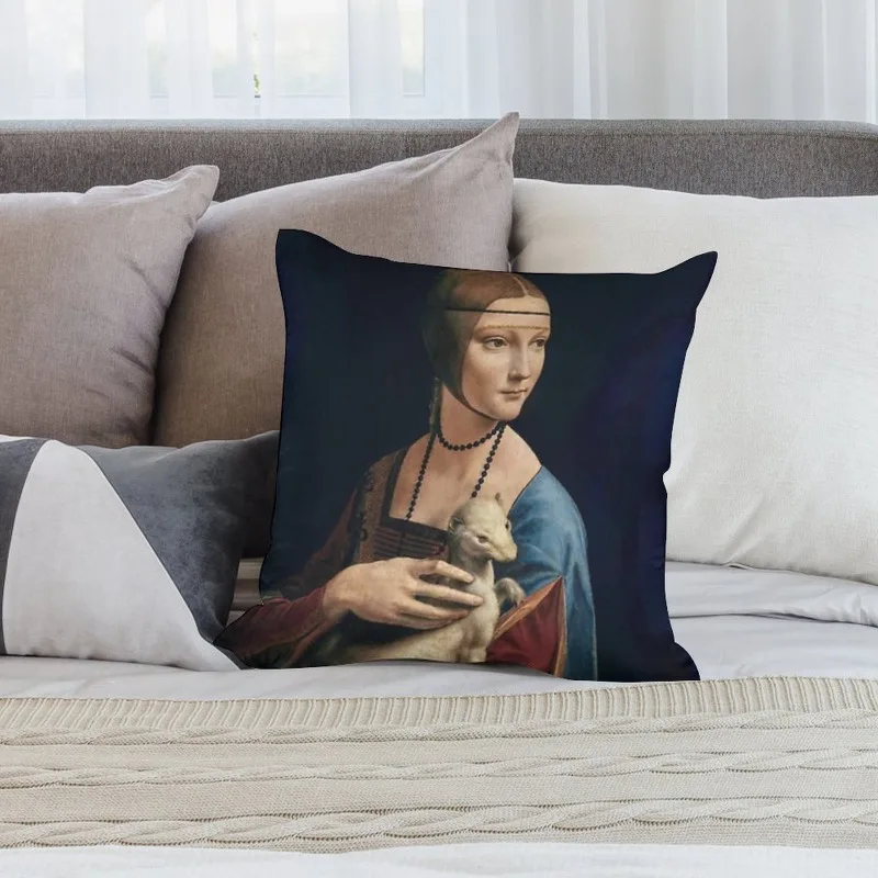 1pc Renaissance Masterpiece Lady With An Ermine Vintage Art Throw Pillow Cover 2D Double-Side Print Polyester Cushion Case for S