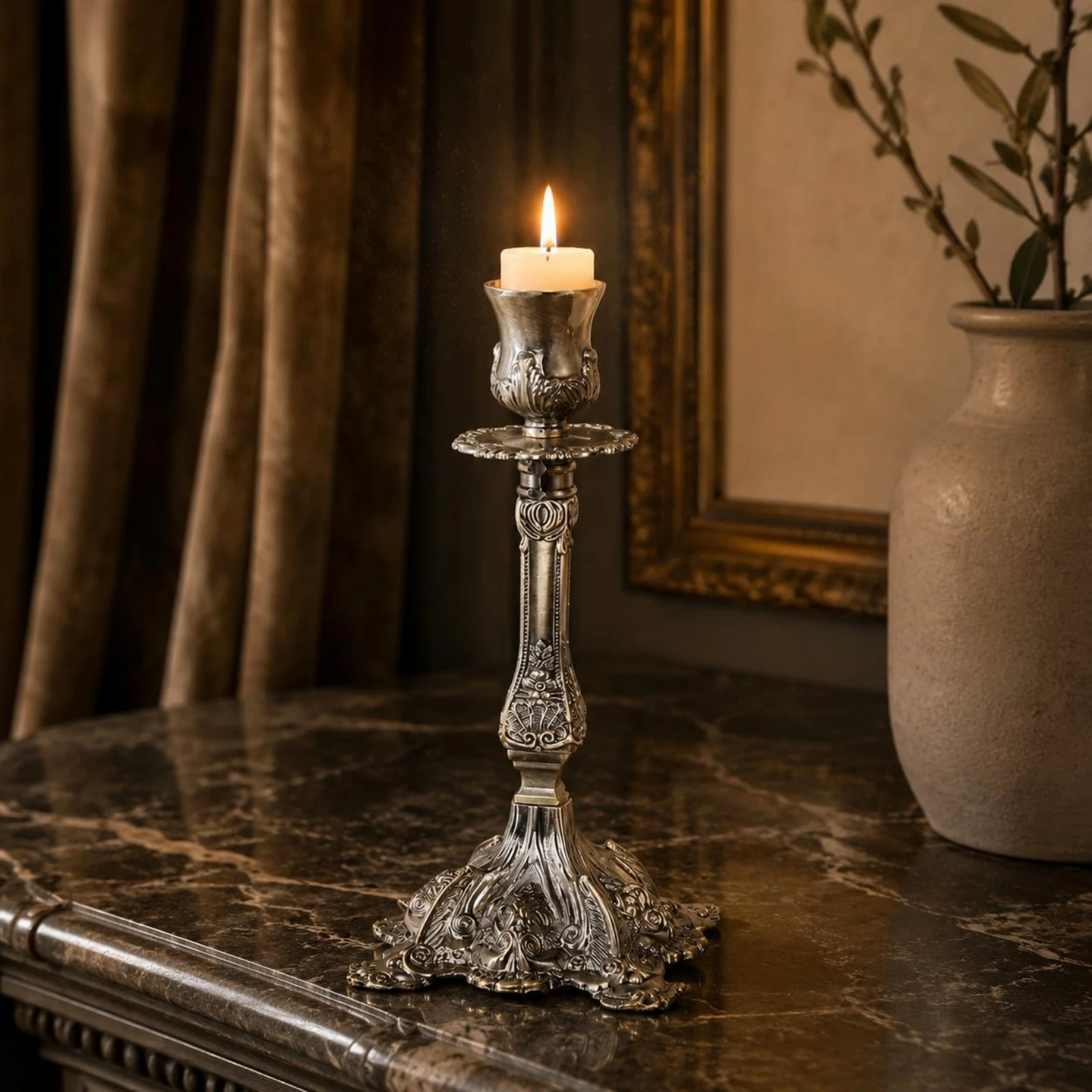 Ornate Candle Holder Scroll Design Classical Candle Holder Tabletop Candlestick Reflective Shiny Finish Home Decor Zinc Alloy