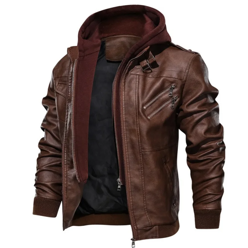 

Fake Two Piece Leather Jacket Men's Double Zipper Hooded Bike Leather Jacket Removable With Hat Jacket