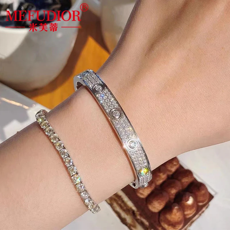 

PT950 Platinum Women Bracelet 16cm-21cm Moissainte 6mm Wide Three Rows of Full Diamonds Bangle High Quality Couple Jewelry Gifts