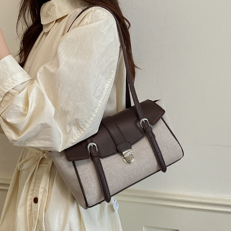 Vintage Color Blocking Tote Bags for Women French Style Underarm Handbags Lady Fashionable Canvas PU Patchwork Shoulder Bags