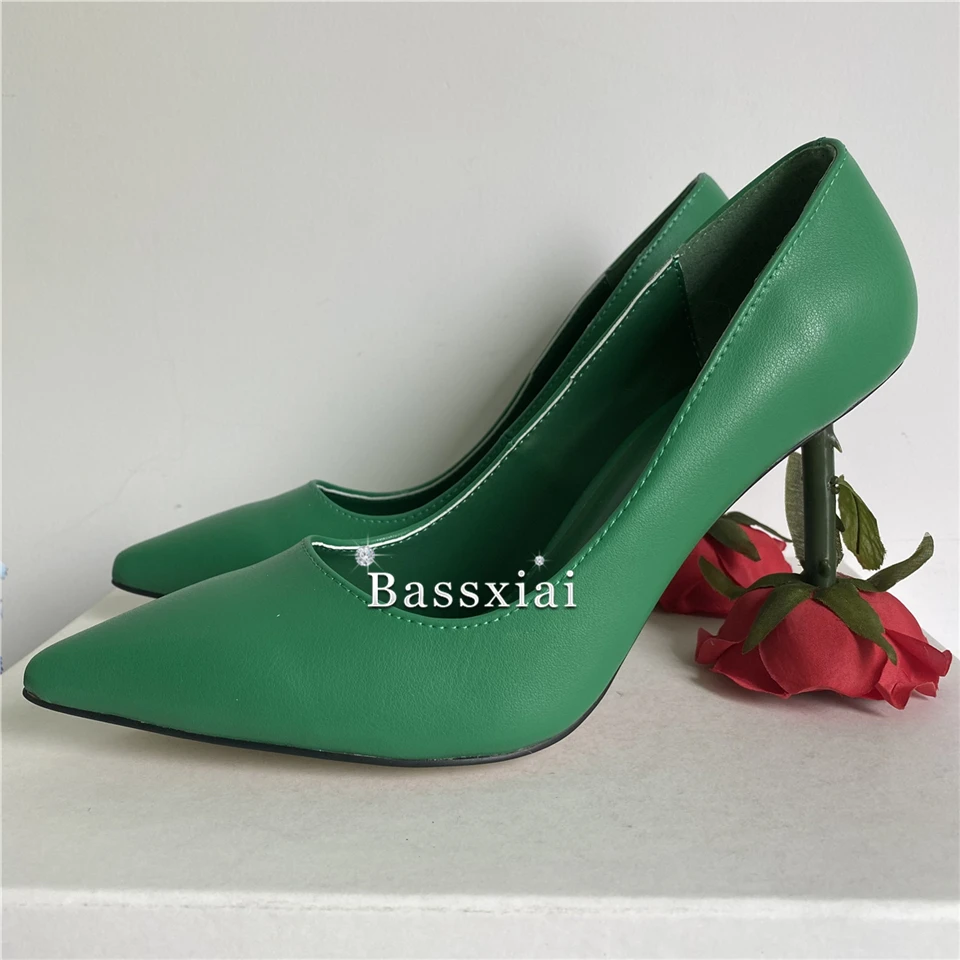 Individual Rose Flower Heel Women Pumps Genuine Leather Sexy Pointed Toe Slim Dress Shoes For Girls Spring Autumn