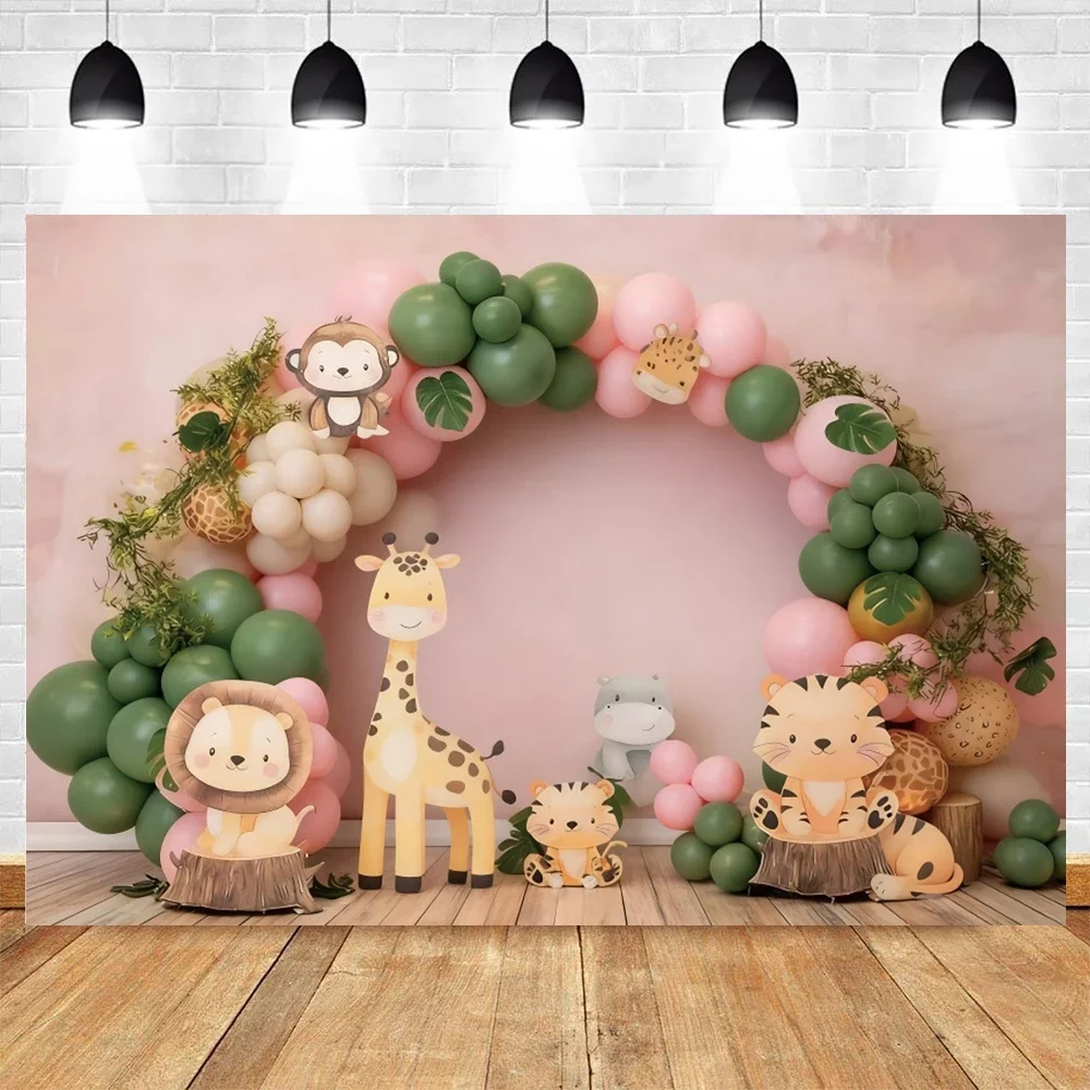 VIKAMA Birthday Jungle Animal Photography Backdrop Balloon Arch for Children and Infants Celebration Background Studio Props