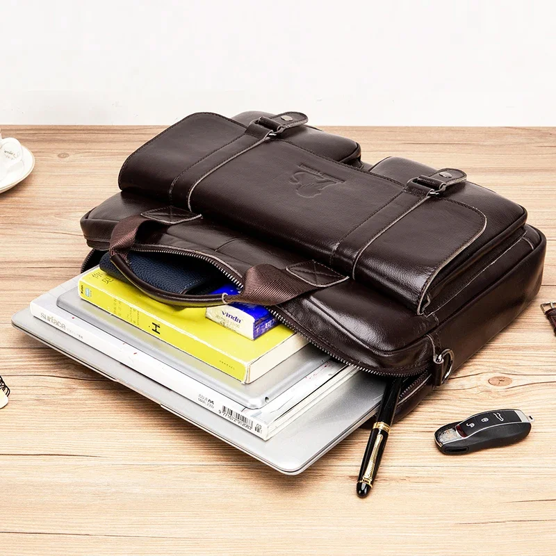 Genuine Leather Men's Briefcase with Double Front Pockets, Large Capacity Computer Bag, Diagonal Cross Handbag