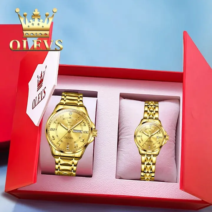 OLEVS 2910 Top Quartz Couple Watch Fashion Luxury Diamond Calendar Waterproof Stainless Steel Business Couple Set Gift Box Watch