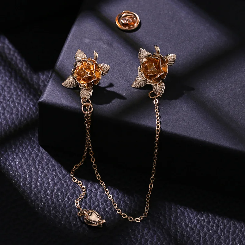New Arrival Alloy Flower Tassel Chain Brooch Pin for Men Elegant Lapel Pins Suit Shirt Collar Fashion Jewelry Accessories