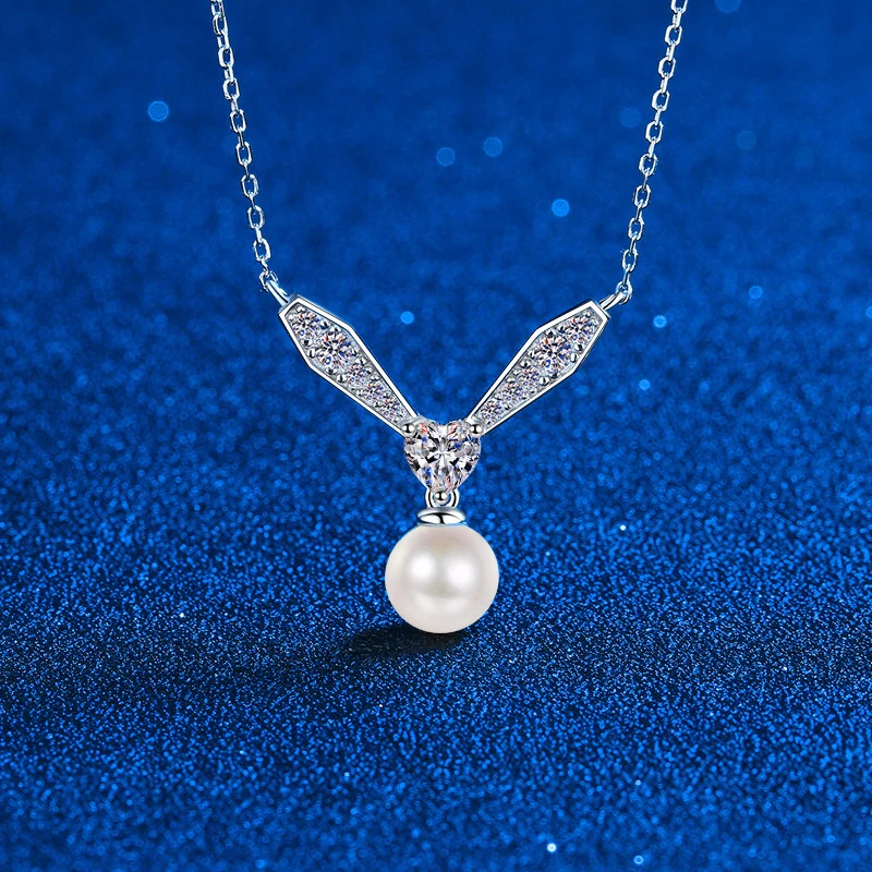 SEMNI 0.77CT Moissanite Diamond and 8mm Pearl Flying Wings Pendant Necklace for Women 925 Sterling Silver Fine Amazing Gift