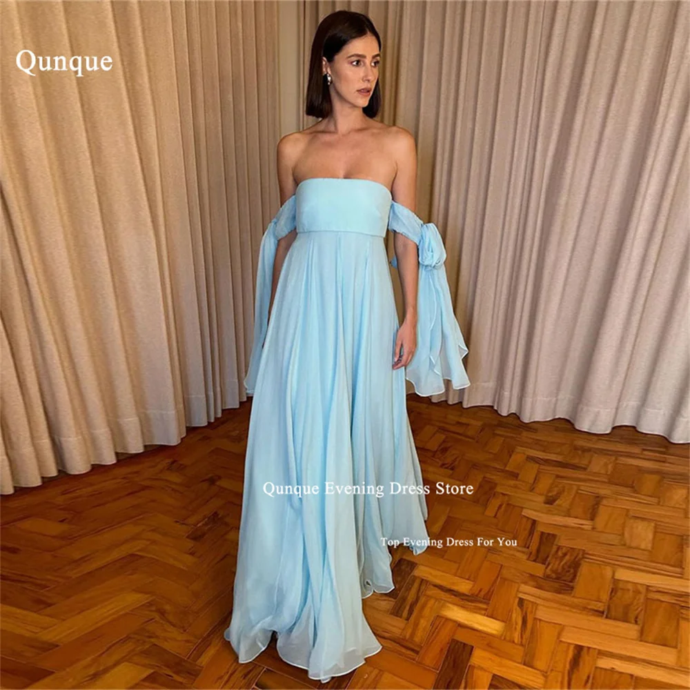 

Qunque Sky Blue Chiffon Bohemian Prom Dress With Adjustable Sleeves Sexy Strapless A-Line Evening Party Gowns Novo Em Vestidos