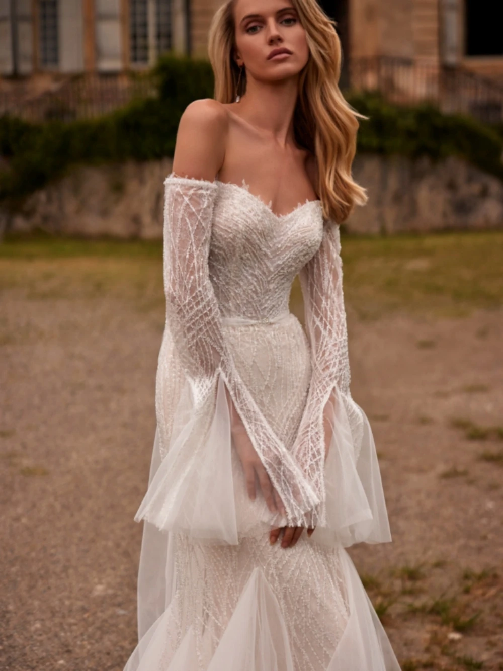 Graceful Off The Shoulder Bride Robe Sparkly Beads Sequins Bridal Gown Classic Mermaid Long Wedding Dress Robe De Mariée