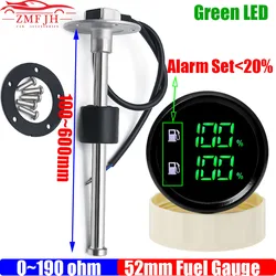 Green LED Digital Dual Gauge with Alarm 52MM Dual Fuel Level Gauge for Fuel Level Sensor 0-190ohm Oil Tank Meter Boat Car Custom