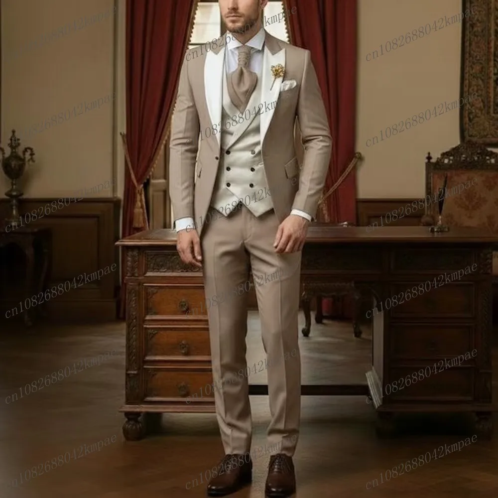

New Khaki And White Formal Men Suit Groom Groomsman Wedding Party Prom Business Male Tuxedos 3 Piece Set Blazer Vest Pants