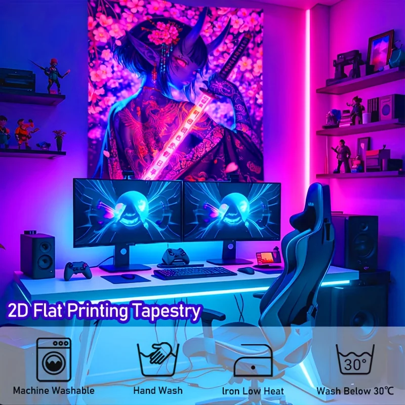 VIKAMA Neon Anime Samurai Cherry Blossom Wall Tapestry Game Room Bedroom Esports Room Aesthetics Home Decoration