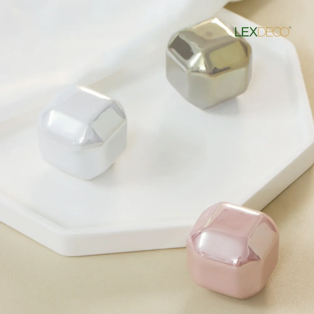 

2 pack Brick Ceramic Knobs - Gold-Edged Square Handles in 3 Colors (Pink/White/Grey)-LEXDECO