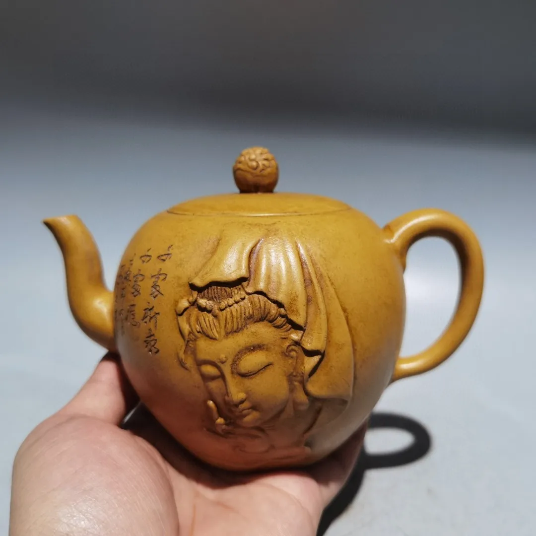 

7"Chinese YiXing Purple Clay Teapot Guanyin Buddha Head Buddhist mood Buddha Pot Kettle Teapot Office Ornaments