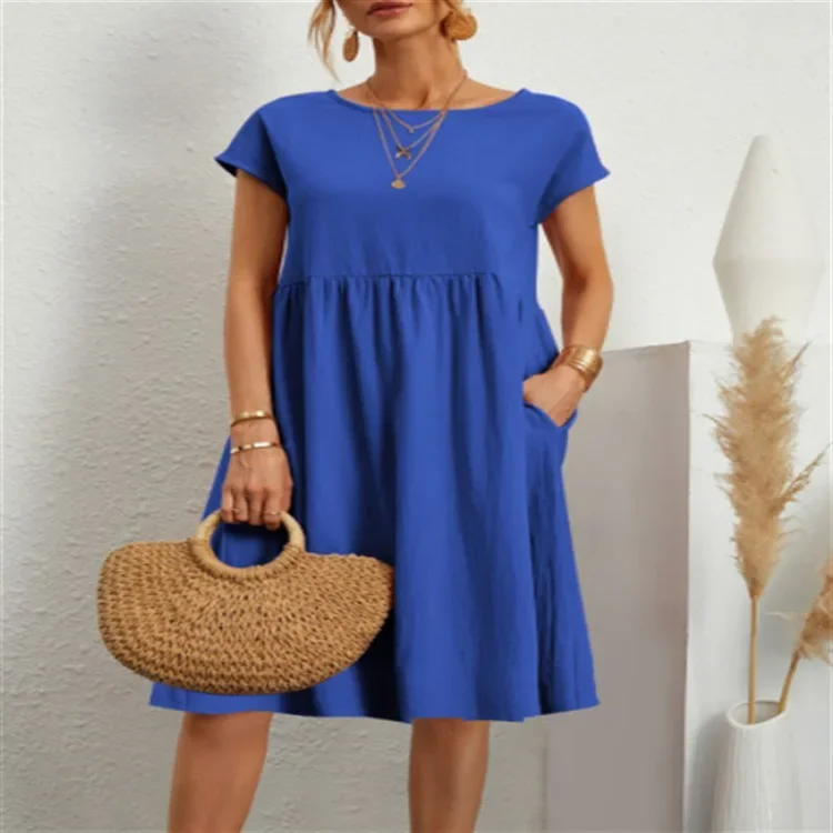 

newWomen Elegant Solid Maxi Dress Summer Short Sleeve O Neck Vintage Harajuku Cotton Linen Loose Sundress Y2K Pockets Long Dress